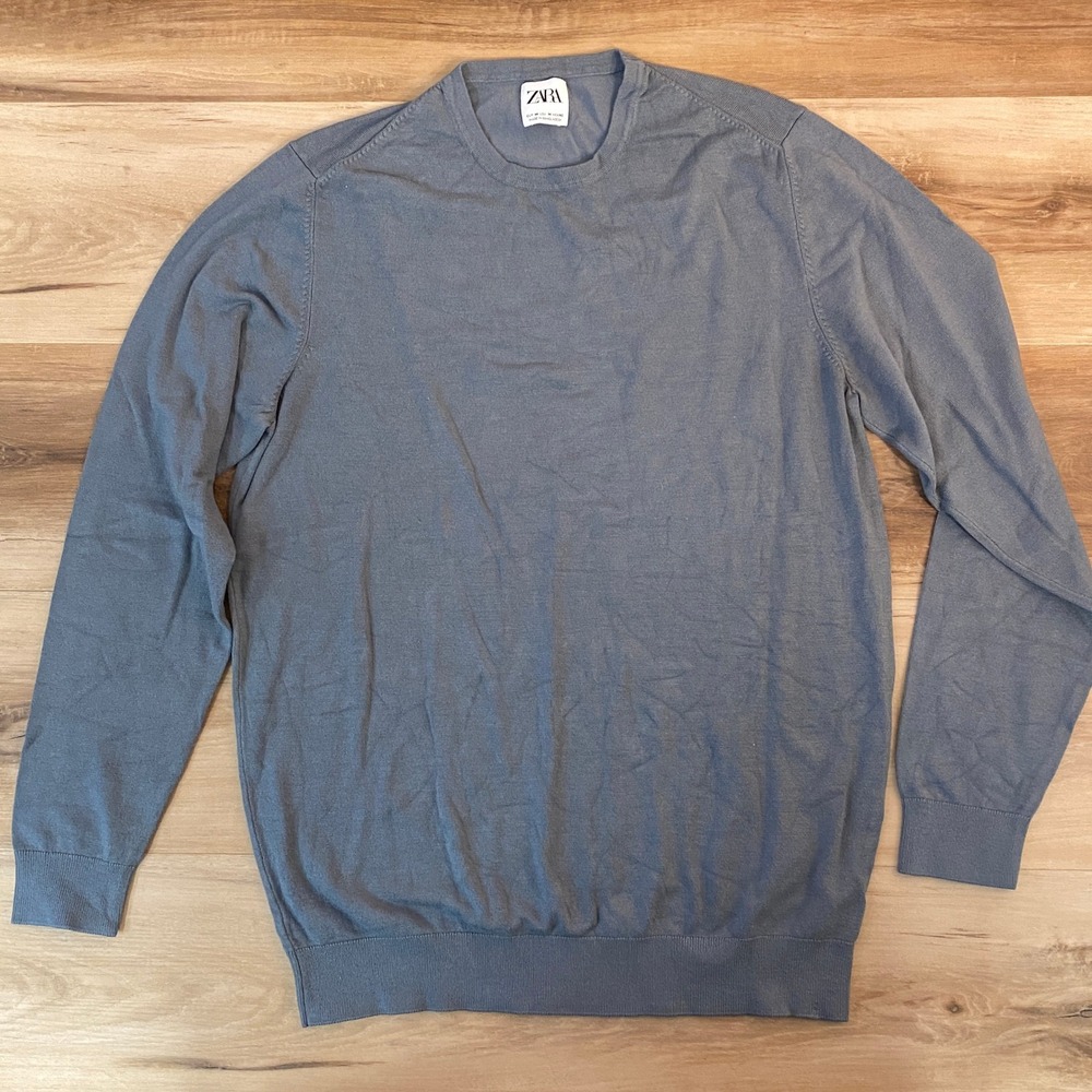 Zara Men Dusty Blue Lightweight Crewneck Knit Sweater Size Medium